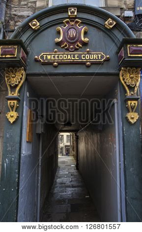 A view of the entrance to Tweeddale Court in Edinburgh Scotland.
