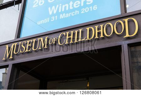 EDINBURGH SCOTLAND - MARCH 12TH 2016: A view of the sign above the main entrance to the Museum of Childhood in Edinburgh on 12th March 2016. One of the numerous tourist attractions on the capitals historic Royal Mile.