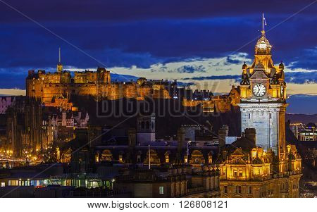 EDINBURGH SCOTLAND - MARCH 9TH 2016: A beautiful view from Calton Hill in Edinburgh taking in the sights of Edinburgh Castle and the Balmoral Hotel on 9th March 2016.