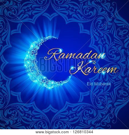 Glowing ornate crescent with intricate floral pattern in blue shades. Greeting card of holy Muslim month Ramadan