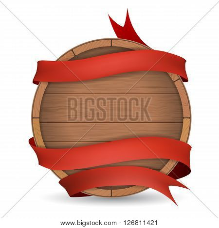 Wooden barrel wrapped in red ribbon. Wooden label for wine making brewing.