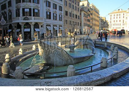 Rome, Italy - December 20, 2012:  Fontana Della Barcaccia (fountain Of The Old Boat) On The Piazza D
