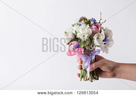 One hand is giving spring bouquet from pink tulips violet grape hyacinths white anemones violet veronica and white buttercup with violet ribbon on the white background
