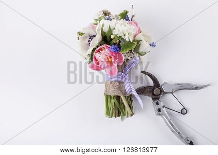 bouquet from pink tulips violet grape hyacinths white anemones violet veronica and white buttercup with violet ribbon and pruning scissors lying on white background