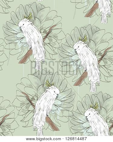 Vector sketch of a parrot with flowers. Hand drawn illustration