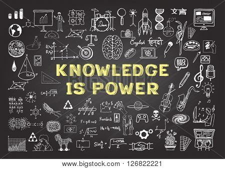 Hand drawn icons about KNOWLEDGE is power on chalkboard