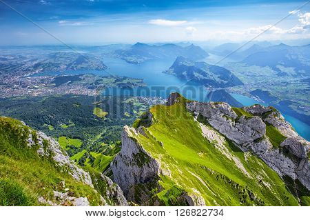 Beautiful view to Lucerne lake (Vierwaldstattersee) mountain Rigi and Buergerstock from Pilatus Swiss Alps Central Switzerland