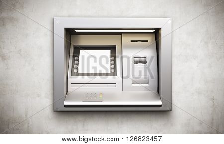 ATM machine with blank display built into conrete wall. Mock up 3D Rendering