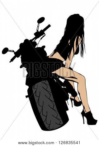Silhouettes of motorcycl and baeuty women on white background