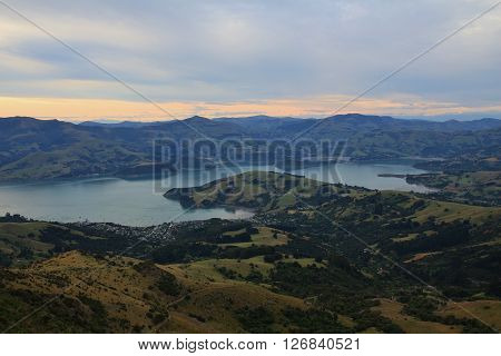 Banks Peninsula. Peninsula near Christchurch, New Zealand. Distant view of Akaroa.