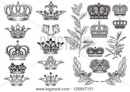 High detailed crowns set or collection in vintage heraldic style for design