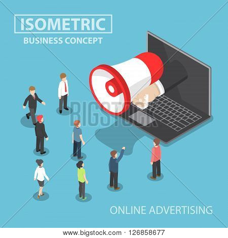 Isometric Businessman Hand With Loudspeaker Sticking Out From Laptop