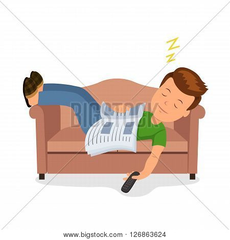 Male fell asleep while reading on a cozy couch. Isolated vector character man sleeping on the couch with the newspaper and remote control in hand.