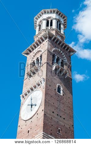 Bottom view of the tower lamberti a famous medieval tower located in Verona