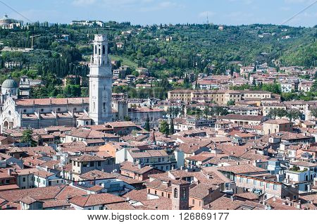 Beautiful view from the tower lamberti of Verona in the background the cathedral