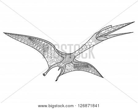 Pterosaur coloring book for adults vector illustration. Anti-stress coloring for adult. Zentangle style. Black and white lines. Lace pattern