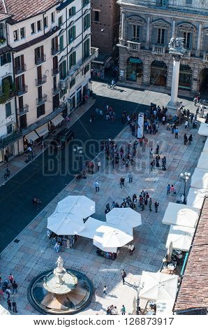 11 april 2016-verona-italy-Beautiful view from the tower lamberti of Verona with the erbe on the square
