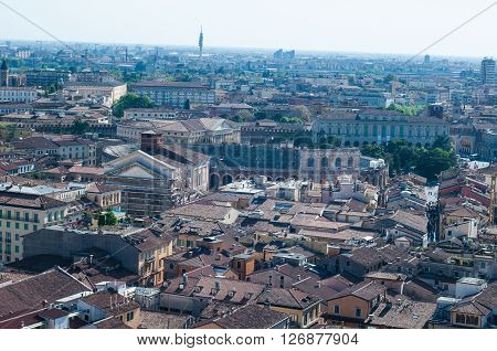 Beautiful view from the tower lamberti of Verona with the background the Arena of Verona