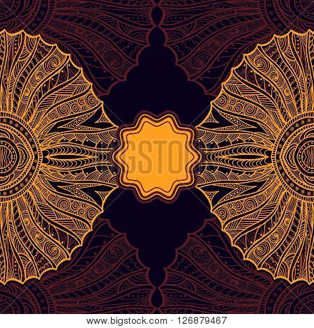 Template flyer or label  with Zen doodle or Zen tangle pattern in orange  on brown colors for  decorate package clothes perfume cosmetic or creative Post Card