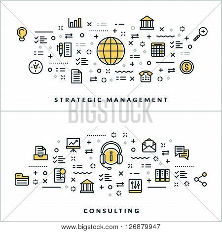 Vector Thin Line Strategic Management and Consulting Concepts. Vector Illustration for Website Banner or Header. Flat Line Icons and Design Elements