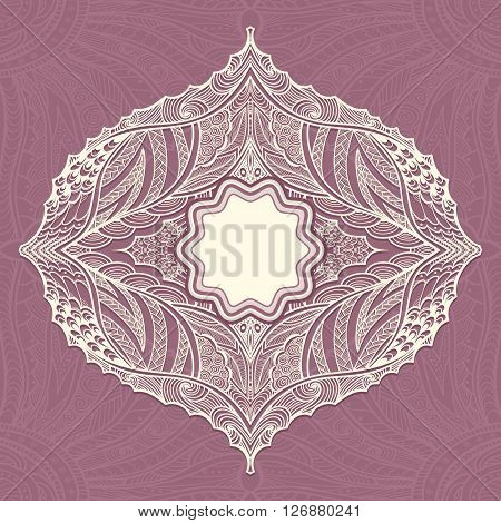 Template flyer or label  with Zen doodle or Zen tangle pattern in pearly and lilac colors for  decorate package clothes perfume cosmetic  or creative Post Card or Wedding invitation