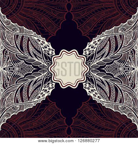Template flyer or label  with Zen doodle or Zen tangle pattern in pearly  on dark burgundy colors for  decorate package clothes perfume cosmetic or creative Post Card
