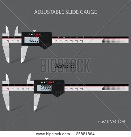 Digital slide gauges vector illustration. Adjustable valu by slider. All digits included.