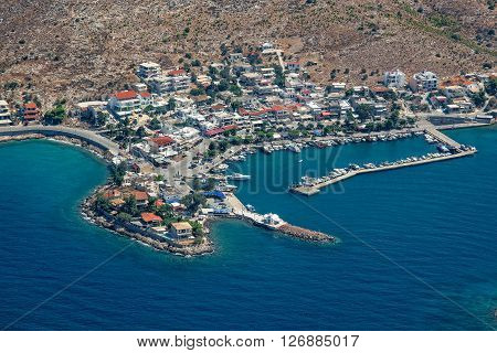 Aerial view of village and port of Pachi near Megara Athens Greece