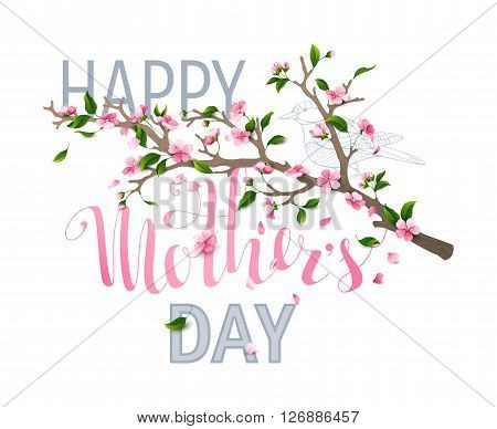 Happy Mother's day! Vector typographical spring card with cherry blooms leaves and falling petals isolated on white background.