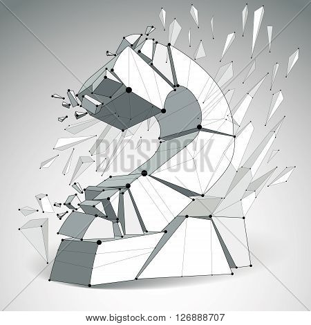 Vector dimensional wireframe number 2 monochrome demolished digit with fragments. 3d mesh technology element broken into pieces.