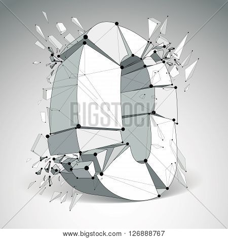 Abstract 3d faceted zero number with connected black lines and dots. Vector low poly shattered design element with fragments and particles. Explosion effect.