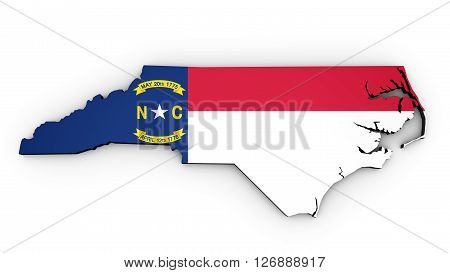 Map of North Carolina Us State with North Carolinian flag on 3D illustration shape on white background.