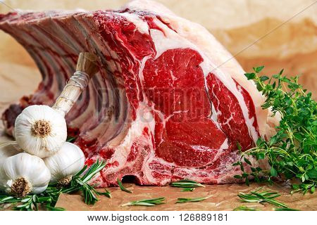 Fresh Raw Beef bone rib roughly choppid. with herbs and seasoning