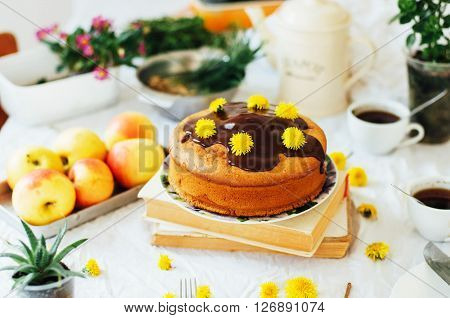 Traditional homemade chocolate cake. Rustic style and natural light. Chocolate Mud Cake on White table. Piece of chocolate cake with icing. Vanilla Cake with Chocolate Glaze.
