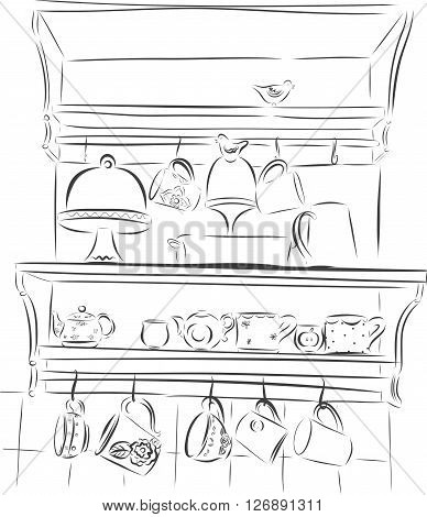 kitchenware with cup and teapots on a white background.