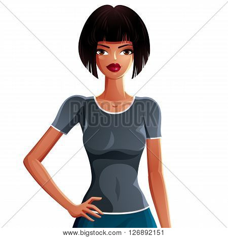 Sexy coquette woman upper body portrait. Gorgeous lady with a stylish makeup isolated on white background. A girl holds her hands on a slim waist colorful drawing.