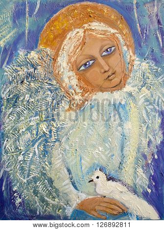 Angel with bird. Original acrylic painting on canvas.