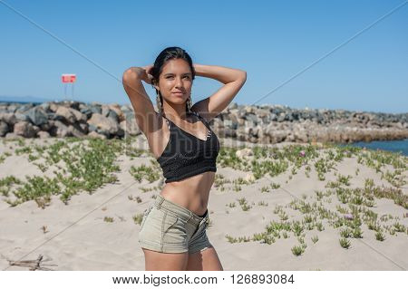 Sexy female 3/4 view posing in front of beach jetty in Ventura.