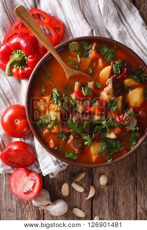 Hungarian Goulash Soup Bograch Close-up. Vertical Top View