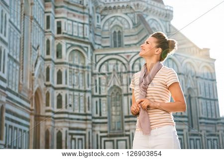 Happy Woman Tourist Sightseeing In Florence, Italy