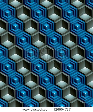 Regular colorful textured endless pattern with three-dimensional cubes continuous vivid geometric background.