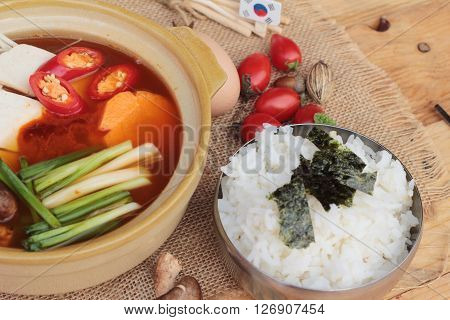 Korean tofu soup with rice is delicious