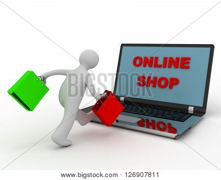 3D Man With Bags Going To Online Shop. Online Shopping Concept