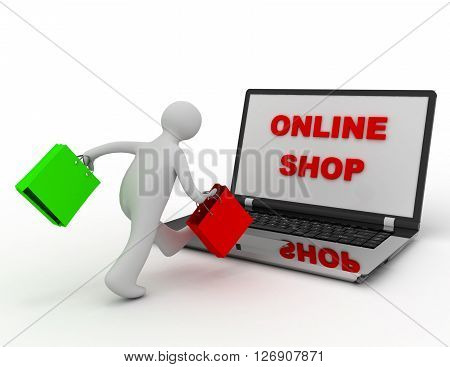 3D Man With Bags Going To Online Shop. Online Shopping Concept