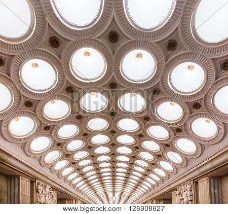 MOSCOW - MARCH 3: Closeup of the ceiling lighting caissons of the Elektrozavodskaya metro station on March 3 2016 in Moscow. It is one of the most spectacular stations of the Moscow subway.