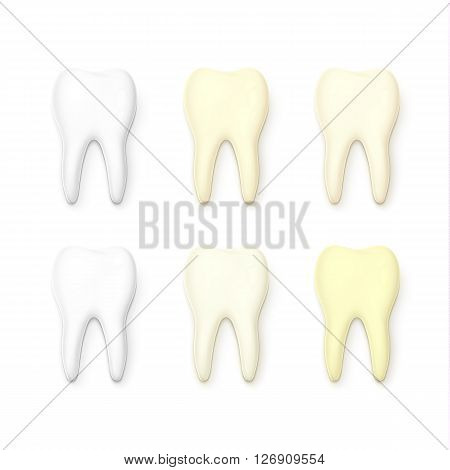 Set of 6 teeth realistic isolated on white background . White tooth for dental services. Yellow teeth . Tooth with tooth decay. Molar. Teeth whitening . Tooth for a banner . Sick tooth.