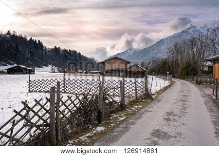 View over a walkway in Loisach Valley, Garmisch-Partenkirchen, Germany