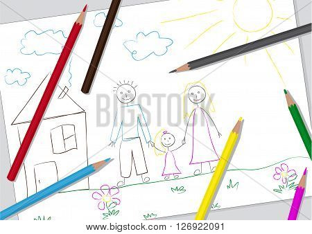 Coloured pencils scattered on a drawing of a young child