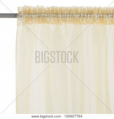 Fragment of the brown translucent organza curtain with mount. Back view. Isolated on white background. Include path.