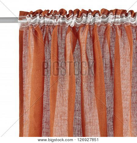 Fragment of the red curtain with mount. Back view. Isolated on white background. Include path.